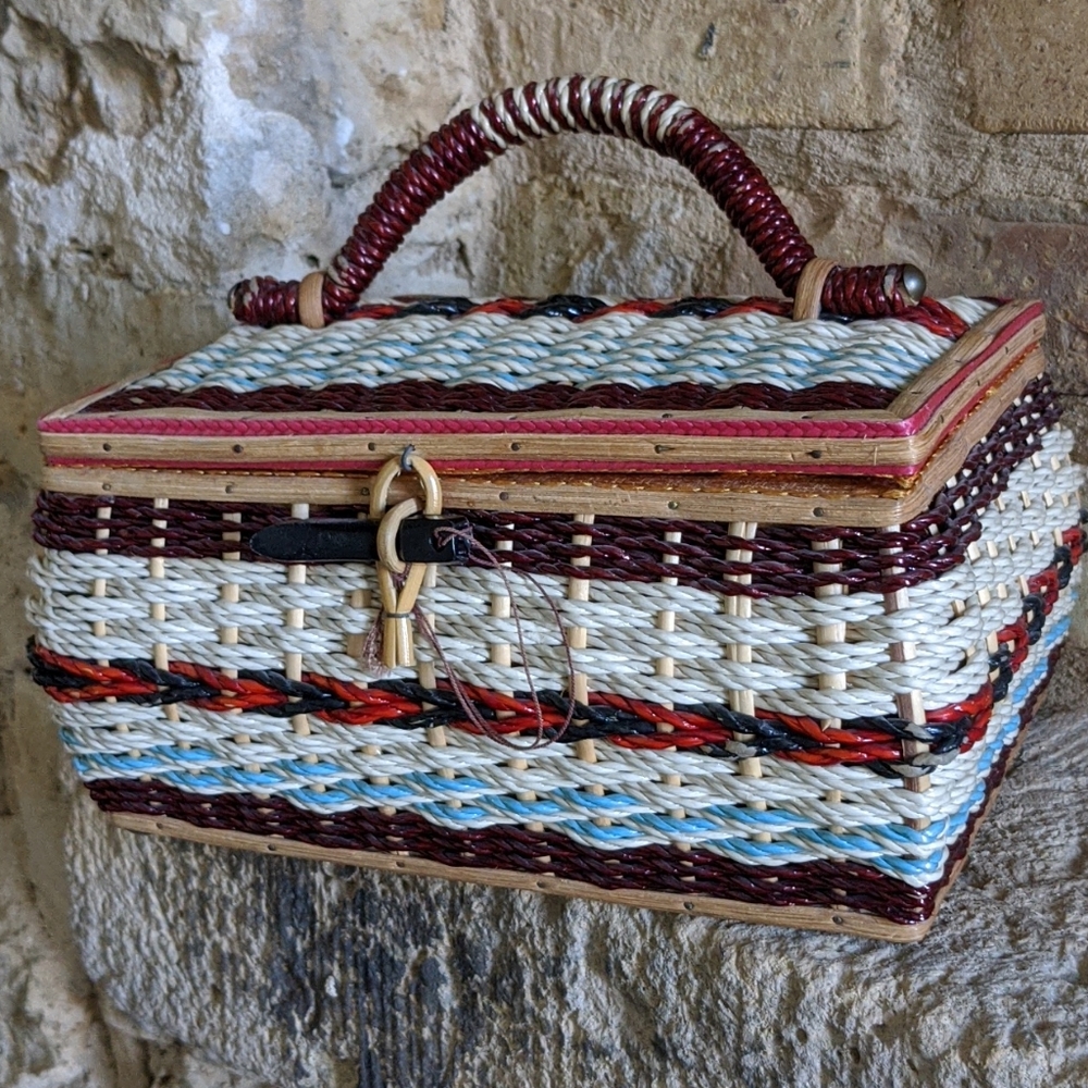 Vintage Red, Black & Turquoise Wicker and Wood Sewing Basket